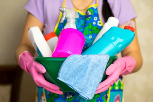 Carpet cleaning professional preparing a room for service