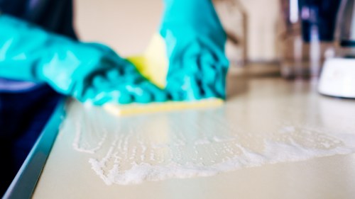 Trained carpet cleaner handling upholstery cleaning tools with care